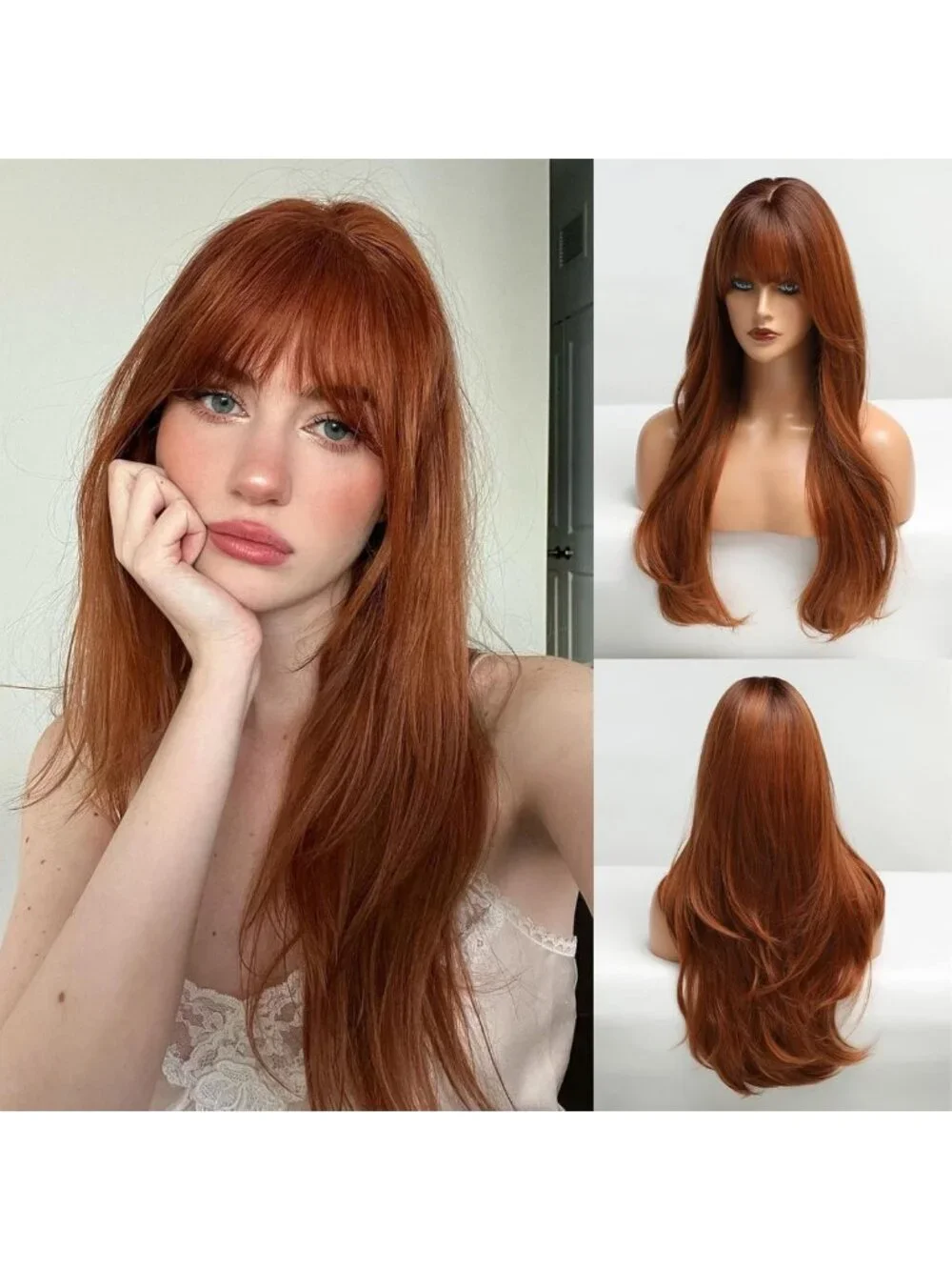Long Auburn Curly Wig with Bangs - Layered Orange Synthetic Hair for Daily Wear